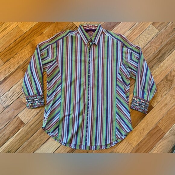 Robert Graham Multi-Colored Long Sleeve Striped Dress Shirt Men's Sz L Flip Cuff - Picture 6 of 15